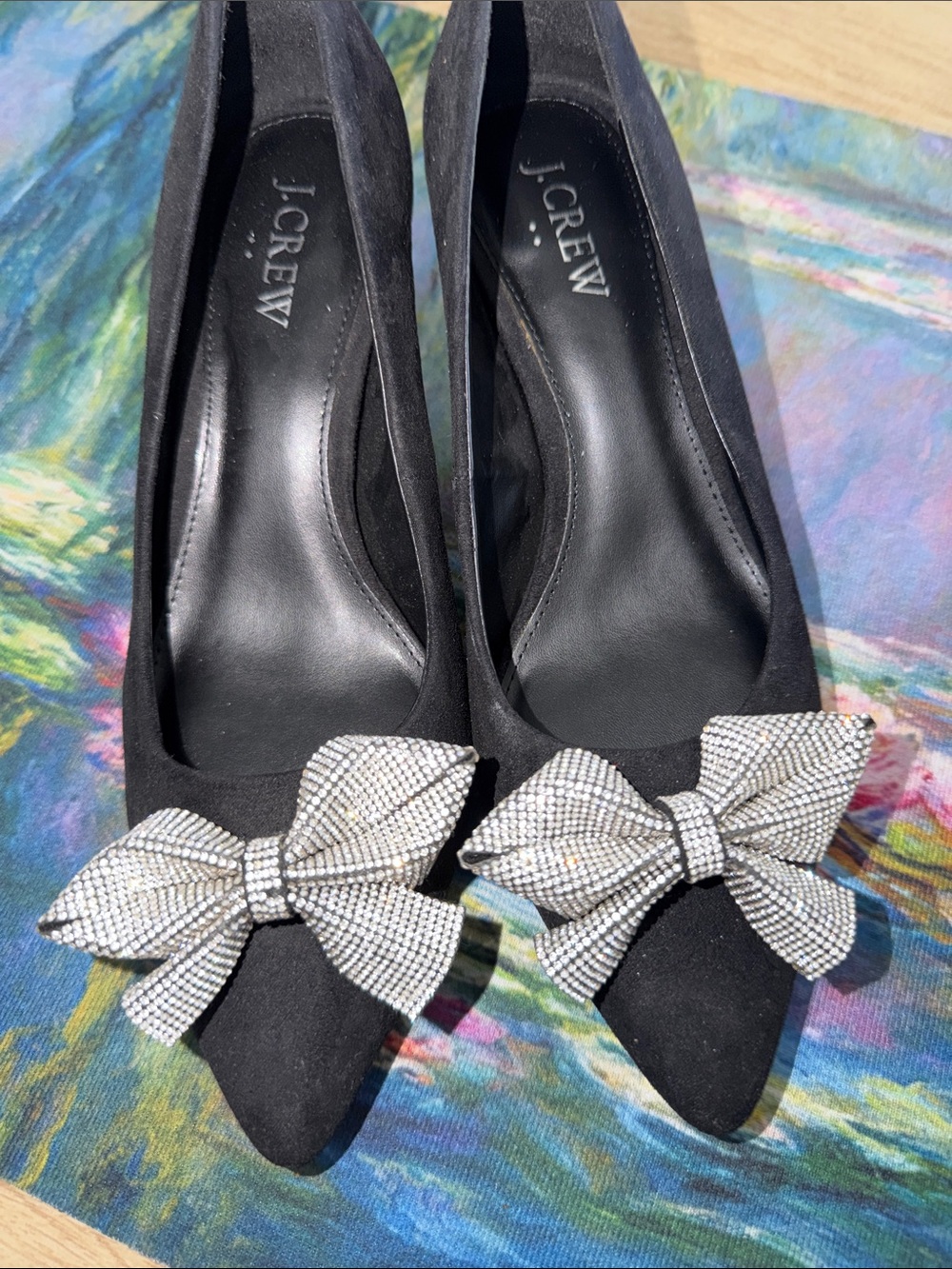 New Black Pointed Toe pumps with Rhinestone Bow heels shoes size 7